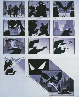 Una página del story board de la serie de animación de Batman
