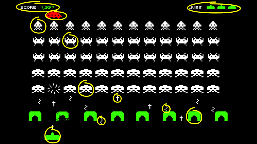 Captura de Space Invaders donde se distinguen muchos objetos: 50 enemigos, 9 defensas, 12 disparos, 2 marcadores, 1 nave protagonista...